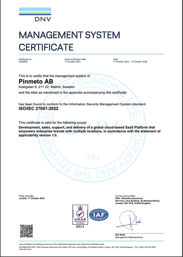 pinmeto ISO certificate